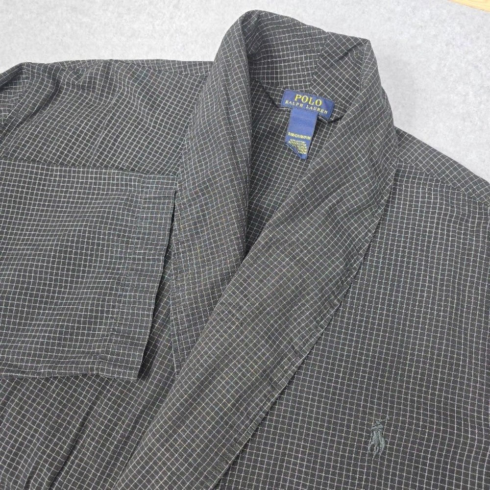 Polo Ralph Lauren Bath Robe S Black Check Plaid 100% Cotton Lightweight‎ Pockets